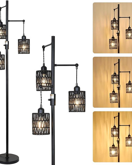 Rattan Floor Lamp, 3-Lights Boho Floor Lamp with Stepless Dimmer, 65" Farmhouse Rustic Floor Lamps for Living Room, Tall Floor Lamp with Rattan Shades, Dimmable Standing Lamp for Bedroom Black - LeafyLoom