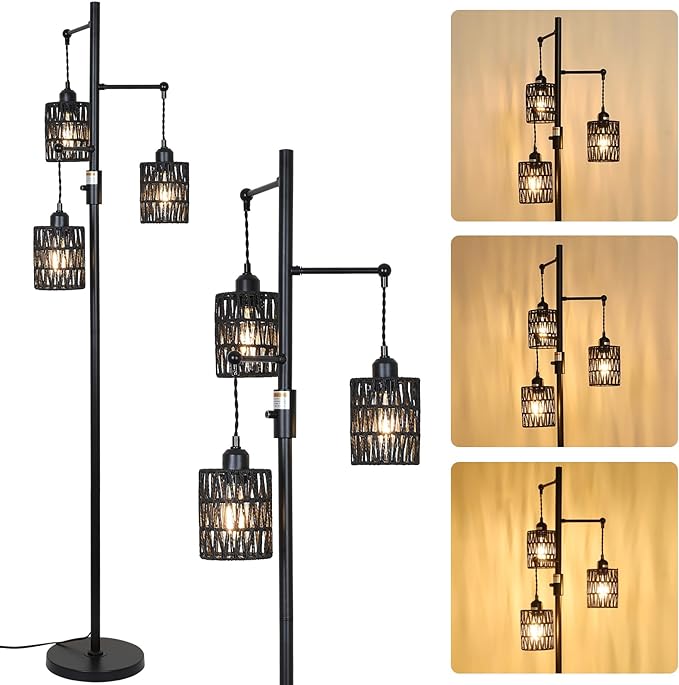 Rattan Floor Lamp, 3-Lights Boho Floor Lamp with Stepless Dimmer, 65" Farmhouse Rustic Floor Lamps for Living Room, Tall Floor Lamp with Rattan Shades, Dimmable Standing Lamp for Bedroom Black - LeafyLoom