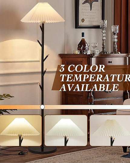 Unique Floor Lamps Modern,Black Simple Floor Lamp with Coat Rack,Tree LED standing lamp ,Lamparas De Pie Para Sala for Living Room Office or Bedroom - Includes Two Pleated Lampshades (Beige+Green) - LeafyLoom