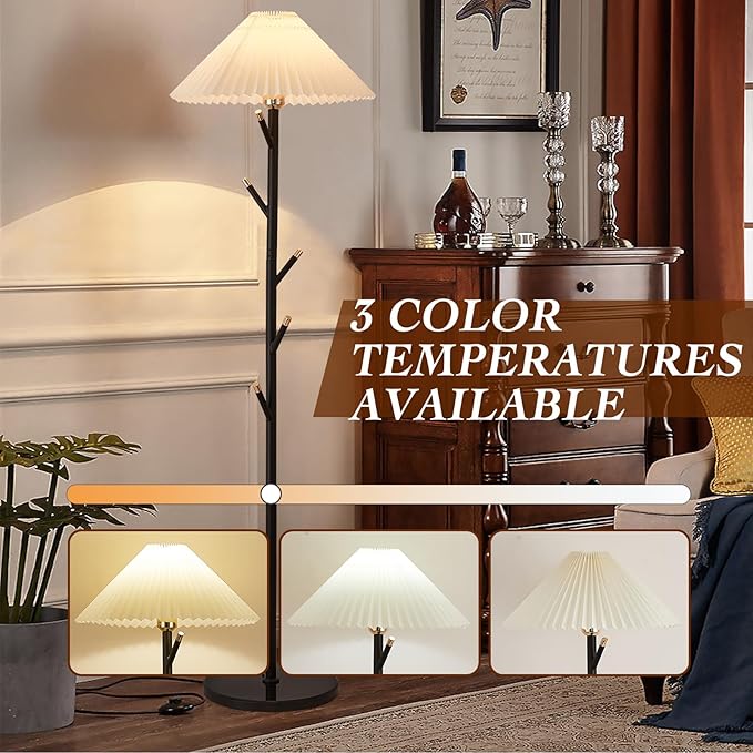 Unique Floor Lamps Modern,Black Simple Floor Lamp with Coat Rack,Tree LED standing lamp ,Lamparas De Pie Para Sala for Living Room Office or Bedroom - Includes Two Pleated Lampshades (Beige+Green) - LeafyLoom
