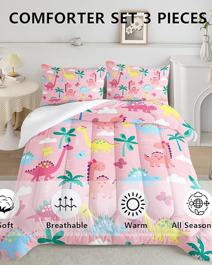 Axolotl Cute Dinosaur Comforter Set Full,Colorful Dinosaur Girls Bedding Set,Dinosaurs Print Comforter Sets Botanical Palm Trees,Butterfly Bedding Set for Kids Girls Teens,1 Quilt 2 Pillowcases,Pink - LeafyLoom