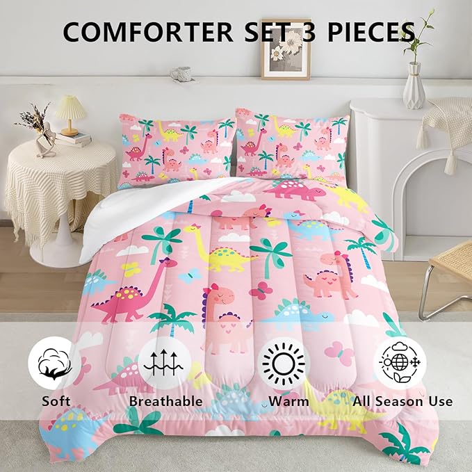 Axolotl Cute Dinosaur Comforter Set Queen,Colorful Dinosaur Girls Bedding Set,Dinosaurs Print Comforter Sets Botanical Palm Trees,Butterfly Bedding Set for Kids Girls Teens,1 Quilt 2 Pillowcases,Pink - LeafyLoom