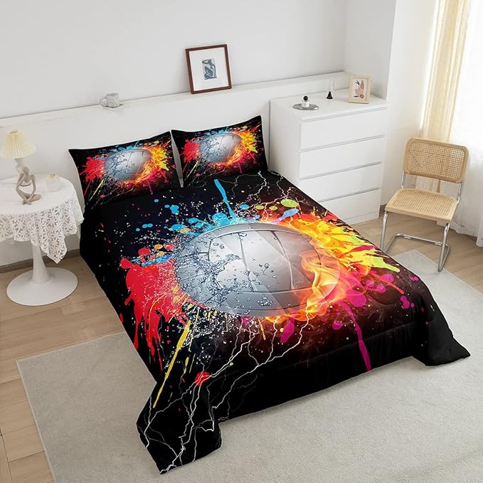 Erosebridal Kids Volleyball Comforter Set for Teen Girls Boys Volleyball Bedding Set Twin Grunge Hippie Tie Dye Bedding Comforter Red Blue Fire Water Lightning Quilt Duvet Insert 1 Pillow Case - LeafyLoom
