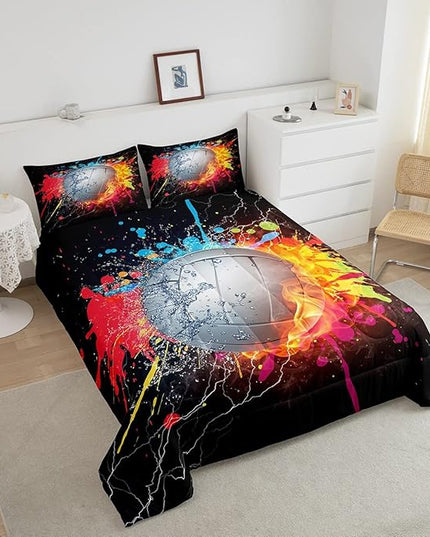 Erosebridal Kids Volleyball Comforter Set for Teen Girls Boys Volleyball Bedding Set Full Grunge Hippie Tie Dye Bedding Comforter Red Blue Fire Water Lightning Quilt Duvet Insert 2 Pillow Cases - LeafyLoom