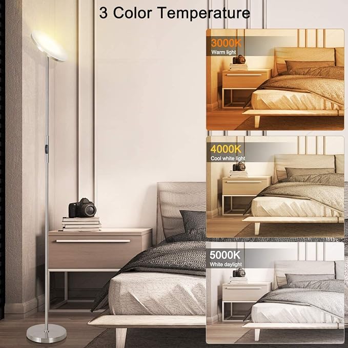 Floor Lamp,30W/2400LM Sky LED Modern Torchiere 3 Color Temperatures Super Bright Floor Lamps-Tall Standing Pole Light with Remote & Touch Control for Living Room,Bed Room,Office (Brushed Nickel) - LeafyLoom