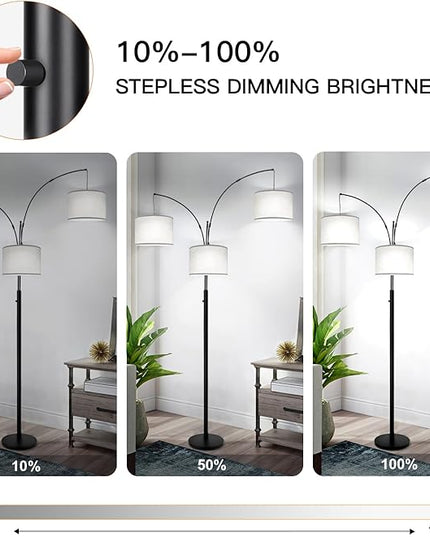 Dimmable Floor Lamp, 3 Lights Arc Floor Lamps for Living Room, Modern Tall Standing Tree Lamp with Gray Linen Shade & Heavy Base, Large Floor Lamp for Bedroom Office, 3x1000 LM LED Bulbs Included - LeafyLoom
