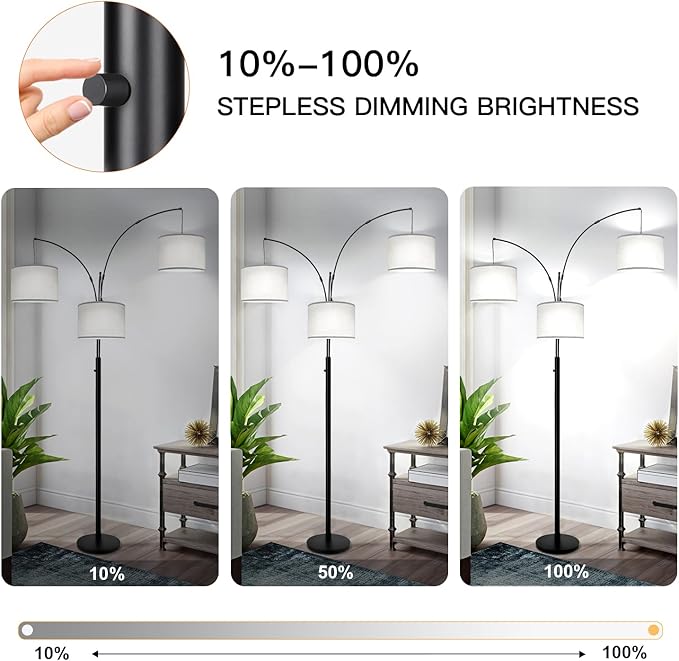 Dimmable Floor Lamp, 3 Lights Arc Floor Lamps for Living Room, Modern Tall Standing Tree Lamp with Gray Linen Shade & Heavy Base, Large Floor Lamp for Bedroom Office, 3x1000 LM LED Bulbs Included - LeafyLoom
