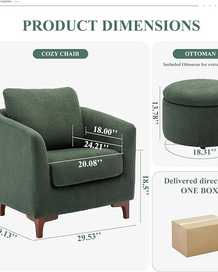 COLAMY Sherpa Accent Chair with Storage Ottoman Set of 2, Upholstered Barrel Arm Chair with Footrest, Modern Living Room Chair with Back Pillow, Green - LeafyLoom