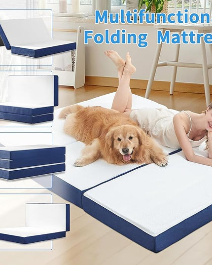 CYMULA Folding Mattress Full Size,4 inch Memory Foam Tri Fold Mattress,Portable Folding Mattress with Washable Cover, Foldable Mattress Topper full for CYMULA Camping,Guest (52"×73"×4") - LeafyLoom