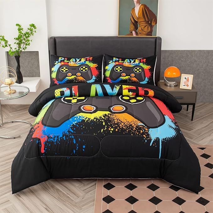 Game Console Comforter Set for Boys Colorful Graffiti Gaming Lightweight Microfiber Bedding Sets Modern Gamer Duvet for All Season Teens Bedroom Decor - LeafyLoom