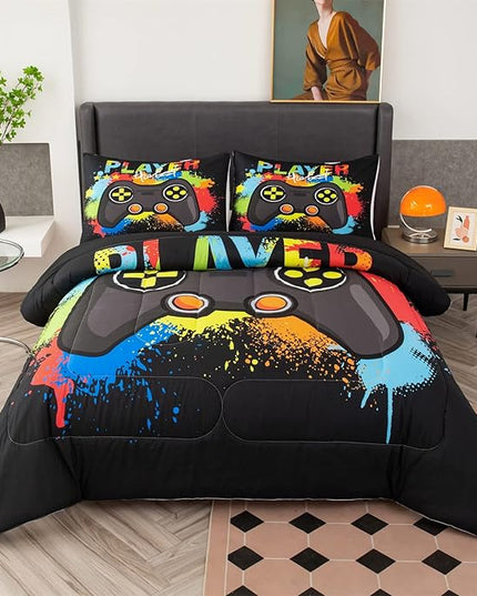 Game Console Comforter Set for Boys Colorful Graffiti Gaming Lightweight Microfiber Bedding Sets Modern Gamer Duvet for All Season Teens Bedroom Decor - LeafyLoom