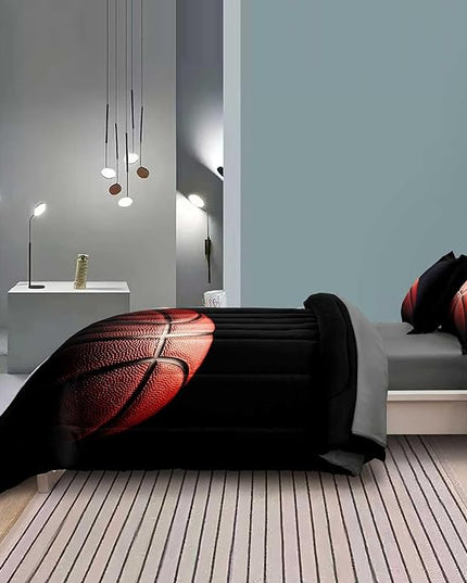 Teenage Boy Bedding Sets Full Size 5 Pieces Basketball Comforter Set for Boys Bed in a Bag Set, Basketball Bedding Full, Red Black - LeafyLoom