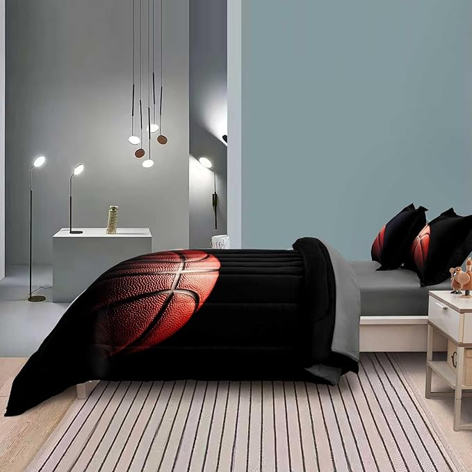 Teenage Boy Bedding Sets Full Size 5 Pieces Basketball Comforter Set for Boys Bed in a Bag Set, Basketball Bedding Full, Red Black - LeafyLoom