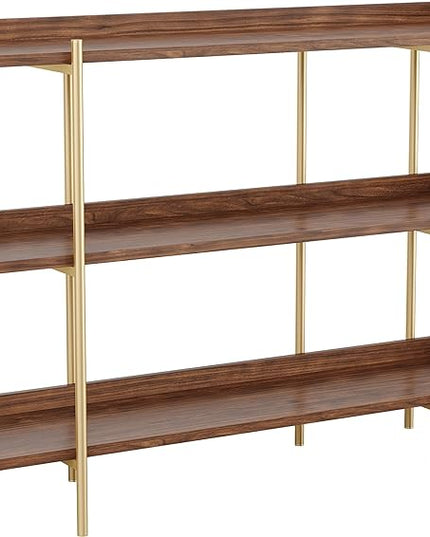 Martha Stewart Emmett 3 Shelf Bookcase with Vertical Metal Frame, Home Office Storage Display Unit, 35"H, Walnut Wood Grain/Polished Brass - LeafyLoom