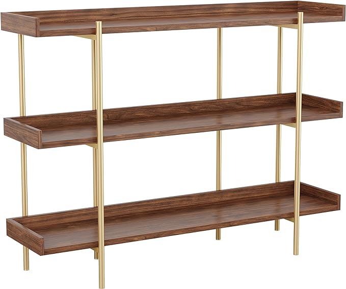 Martha Stewart Emmett 3 Shelf Bookcase with Vertical Metal Frame, Home Office Storage Display Unit, 35"H, Walnut Wood Grain/Polished Brass - LeafyLoom