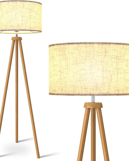 LEPOWER Wood Tripod Floor Lamp, Mid Century Standing Lamp for Living Room, Flaxen Lamp Shade, Modern Design Standing Lamp with E26 Lamp Base, Tall Floor Lamp for Bedroom, Study Room and Office Brown - LeafyLoom