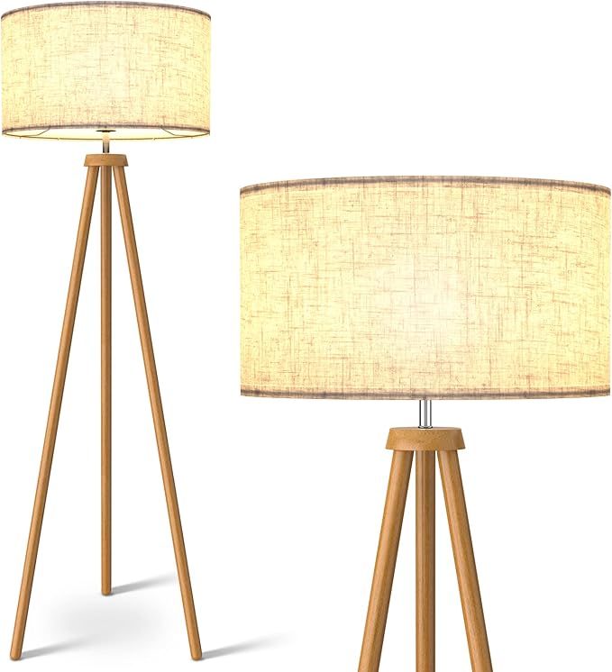 LEPOWER Wood Tripod Floor Lamp, Mid Century Standing Lamp for Living Room, Flaxen Lamp Shade, Modern Design Standing Lamp with E26 Lamp Base, Tall Floor Lamp for Bedroom, Study Room and Office Brown - LeafyLoom