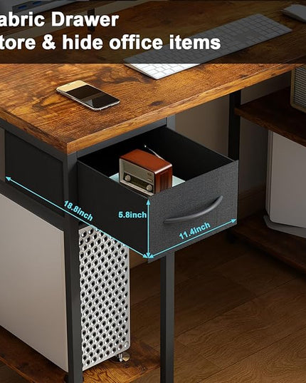 TOARTi 47" L Shaped Computer Desk with LED Lights, Gaming Corner Desk with Hutch, Computer Desk with Long Monitor Shelf for Home Office, Vintage Brown - LeafyLoom