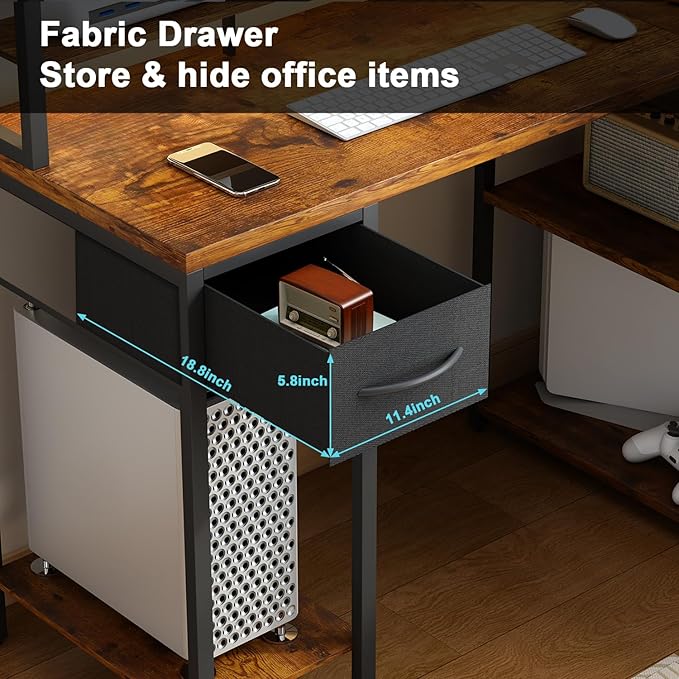 TOARTi 47" L Shaped Computer Desk with LED Lights, Gaming Corner Desk with Hutch, Computer Desk with Long Monitor Shelf for Home Office, Vintage Brown - LeafyLoom