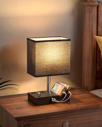 Kakanuo Table Lamp for Bedroom with Dual USB Ports, Fully Dimmable Black Bedside Lamp with Phone Stands and 2 Charging Outlets, Desk Lamp for Nightstand and Living Room, LED Bulb Included - LeafyLoom