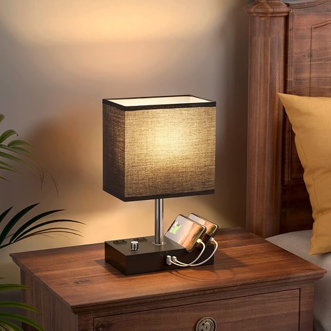 Kakanuo Table Lamp for Bedroom with Dual USB Ports, Fully Dimmable Black Bedside Lamp with Phone Stands and 2 Charging Outlets, Desk Lamp for Nightstand and Living Room, LED Bulb Included - LeafyLoom