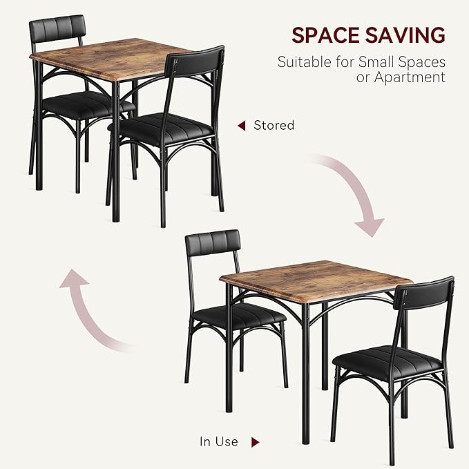 GAOMON Dining Table Set for 2, Kitchen Table and Chairs for 2 with Upholstered Chairs, 3 Piece Dining Room Table Set, Square Kitchen Table Set for Small Space, Apartment, Studio, Rustic Brown - LeafyLoom