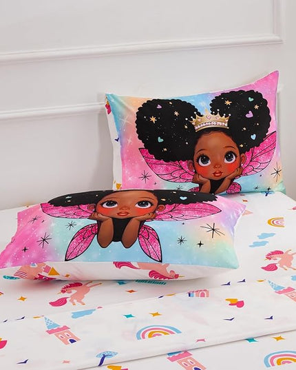 A Nice Night Black Girl Princess with Wings Comforter Set,Pink Gradient Glitter Rainbow Galaxy 6pcs Kids Bedding Set,Full - LeafyLoom