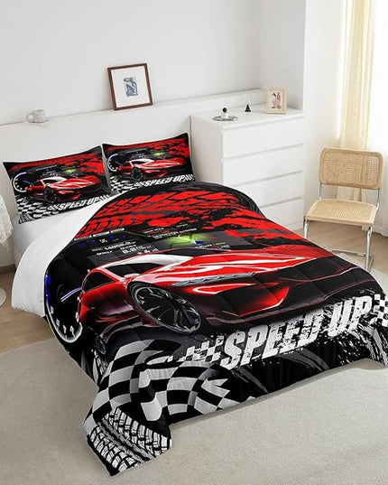 Feelyou Kids Boys Girls Red Race Car Comforter Set Queen Size, Sports Car Comforter Comforter Set for Teens Toddler Race Car Bedding Set Racing car Duvet Set Bed Set Room Decor Bedding Collection - LeafyLoom