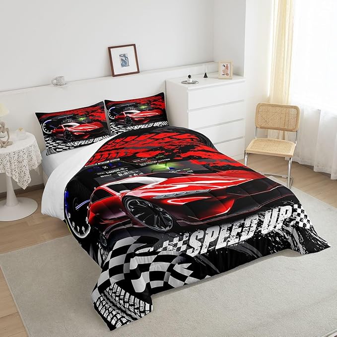 Feelyou Kids Boys Girls Red Race Car Comforter Set Queen Size, Sports Car Comforter Comforter Set for Teens Toddler Race Car Bedding Set Racing car Duvet Set Bed Set Room Decor Bedding Collection - LeafyLoom