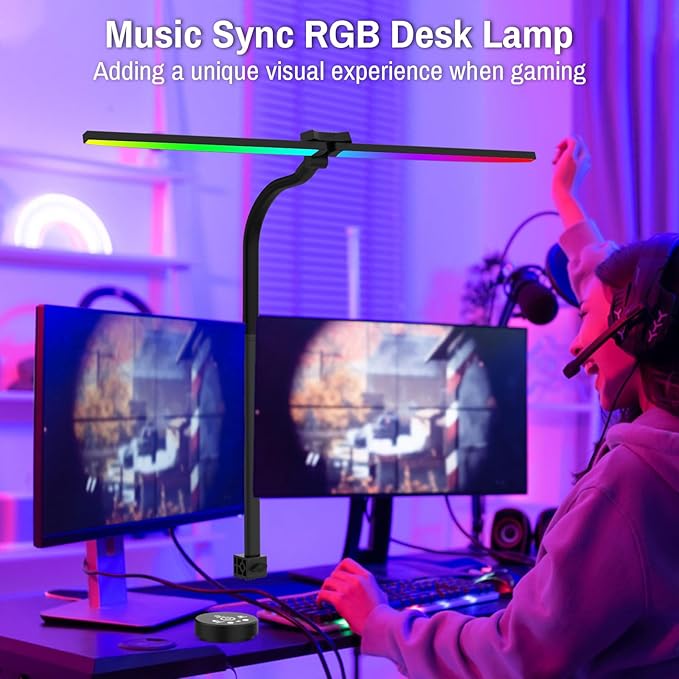 ERAY LED Desk Lamp for Home Office, Double Head RGB Desk Lamp with Remote, Bright Adjustable Gooseneck Desk Light, 24W & 5 Color Modes, Eye Protection Table Lamps for Game Reading Study(Black) - LeafyLoom