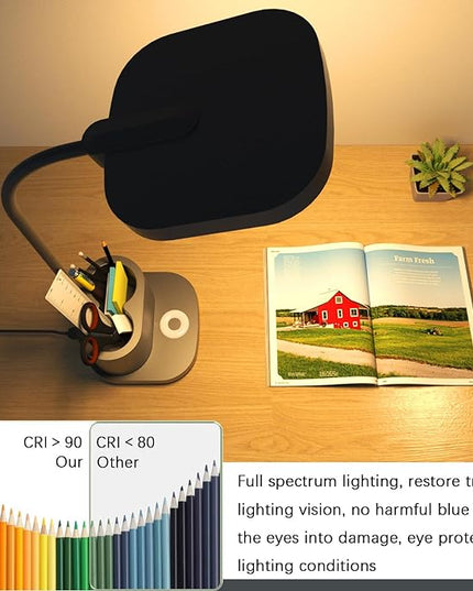 LED Desk Lamp for Home Office with USB Charging Port, Rechargeable Powered Table Lamp Battery Operated Cordless Reading Lamp, Pen Holder, 3 Way Dimmable, Bright, Tall, Flexible, Gooseneck, Black - LeafyLoom