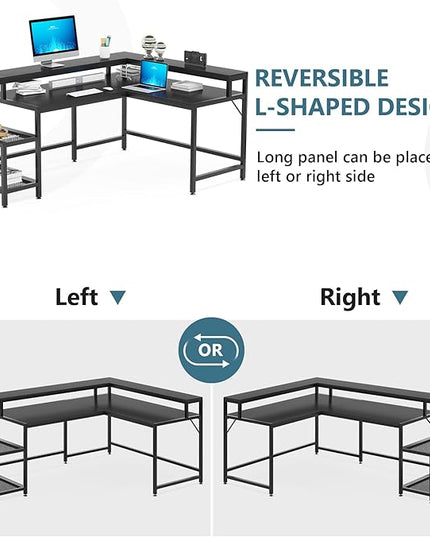 L-Shaped Desk with Monitor Shelf, Black - LeafyLoom
