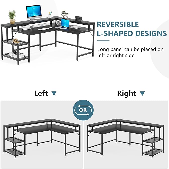 L-Shaped Desk with Monitor Shelf, Black - LeafyLoom