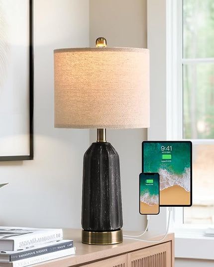 20.25" - Modern Ceramic Bedside Lamp with USB C+A Charging Ports, Table Lamp for Living Room, Bedroom, Nightstand Lamp, Farmhouse Table Lamp (Black)-Single - LeafyLoom