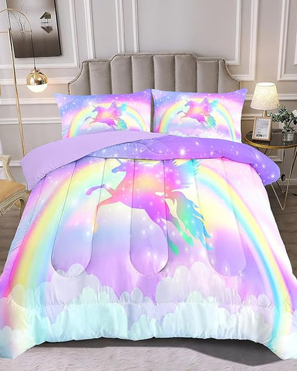 Kids Comforter Bedding Set 3 Pieces Super Soft Breathable Print Kids Bedding Sets for Girls, Machine Washable Durable Comforter Set with Comforter, 2 Pillowcases Rainbow(Twin, Purple Unicorn) - LeafyLoom