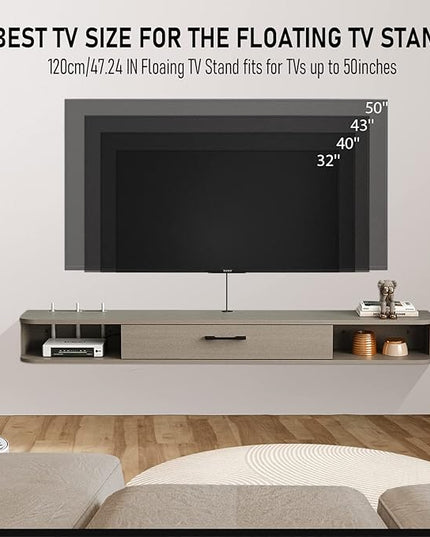 Pmnianhua Floating TV Stand,47'' Wall Mounted Floating Media Console for TVs up to 50 inches,Floating TV Shelf with Storage for Gaming Consoles Small Spaces Apartments, Bedrooms (Light Grey Oak) - LeafyLoom
