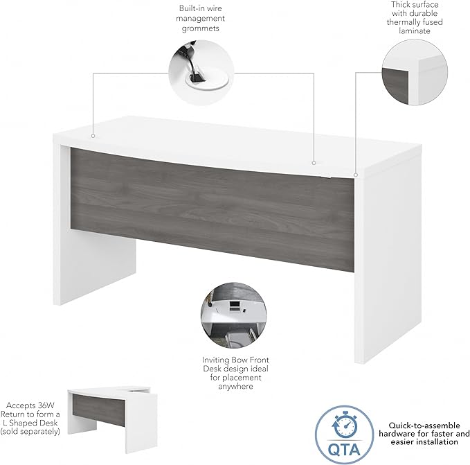 Bush Business Furniture Echo Bow Front Desk, 60W, Pure White and Modern Gray - LeafyLoom