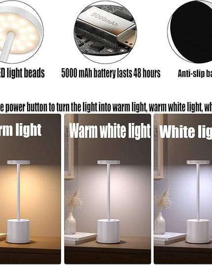 2Pack Cordless Table Lamp, Rechargeable LED Battery 5000mAh Metal USB Portable Powered Desk Lamp, 3 Levels Brightness Light for Restaurants Outdoor (2 pack 10.25in White) - LeafyLoom