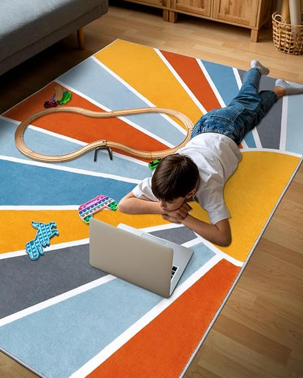 Topotdor Sun Rainbow Area Rug 4 x 6ft Boho Kids Nursery Rug, Colorful Washable Area Rug Ultra Soft Circle Classroom Rug Non-Slip for Bedroom Living Room Playroom Decor, Blue - LeafyLoom