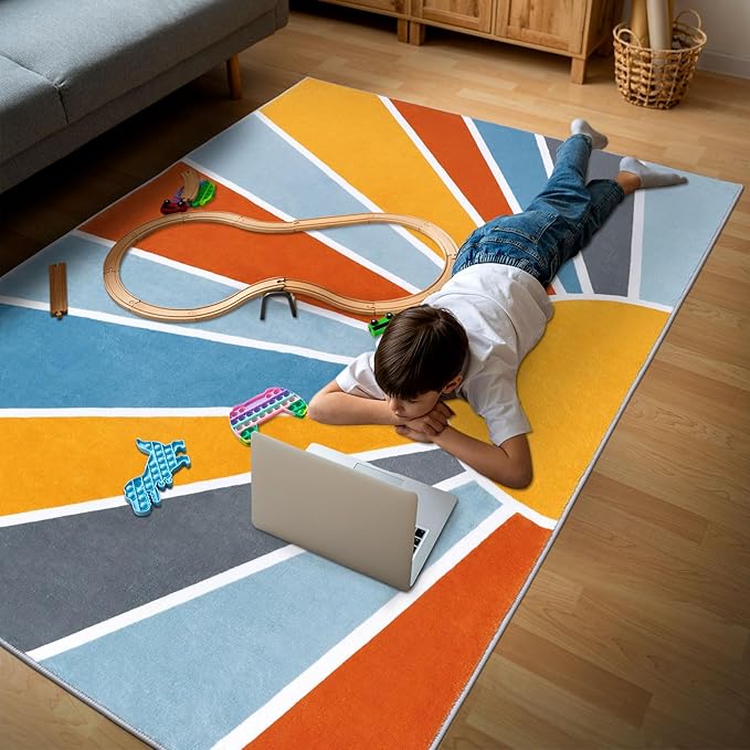 Topotdor Sun Rainbow Area Rug 4 x 6ft Boho Kids Nursery Rug, Colorful Washable Area Rug Ultra Soft Circle Classroom Rug Non-Slip for Bedroom Living Room Playroom Decor, Blue - LeafyLoom