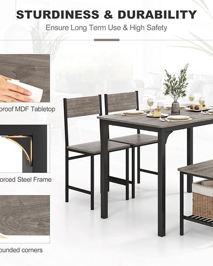 Dining Table Set for 4, Dinette Set w/Bench & Chairs, 2-Person Kitchen Table and Chairs w/Metal Frame & Storage Rack, Space-Saving Kitchen Table w/Bench for Apartment (Grey), Small - LeafyLoom