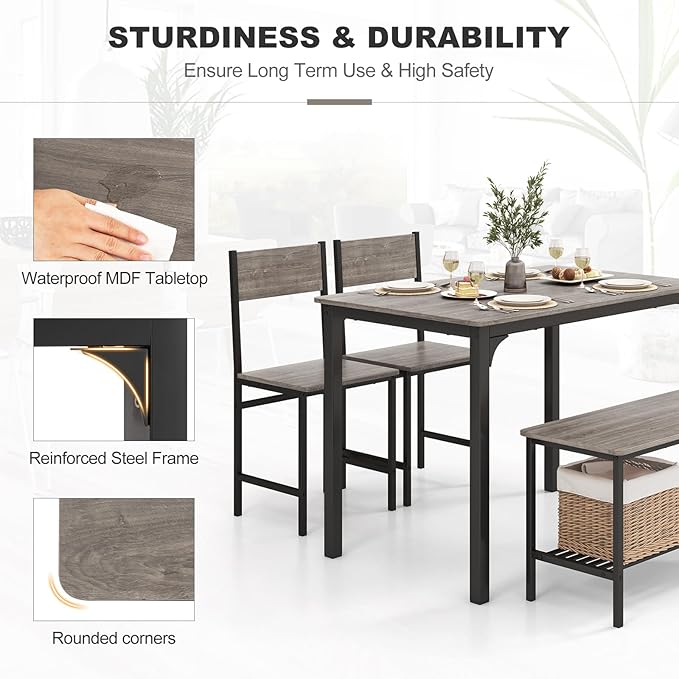 Dining Table Set for 4, Dinette Set w/Bench & Chairs, 2-Person Kitchen Table and Chairs w/Metal Frame & Storage Rack, Space-Saving Kitchen Table w/Bench for Apartment (Grey), Small - LeafyLoom