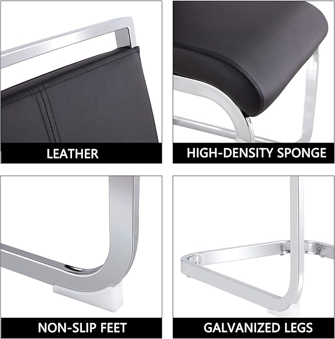 Dining Chairs Set, Kitchen Modern Metal Chairs with Faux Leather Padded Seat High Back and Sturdy Chrome Legs, Chairs for Dining Room (Black, Set of 2) - LeafyLoom
