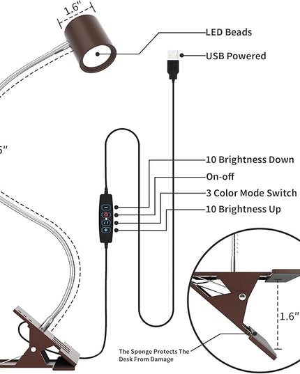 Dott Arts Desk Lamp,USB Clip On Light with 3 Color Modes,LED 10 Levels Brightness Reading Lamp, 360° Gooseneck Book Light,Eye-Care Reading Light for Home Office,Headboards Brown - LeafyLoom