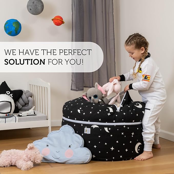 Stuffed Animal Storage Bean Bag Chair Cover for Kids & Adults | Washable XL Stuffie Seat | 100% Cotton | Pouf Organizer for Plush Toys, Linens, Quilts & Pillows | Starry Night - LeafyLoom