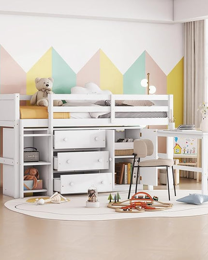 Twin Size Low Loft Bed with Pull-Out Desk, Drawers, Cabinet, and Shelves, for Kids Boys Girls Bedroom, White - LeafyLoom