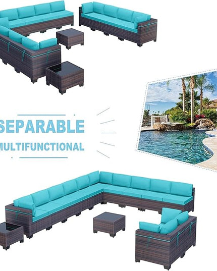 Kullavik 14PCS Outdoor Patio Furniture Set PE Wicker Rattan Sectional Sofa Patio Conversation Sets,Blue - LeafyLoom