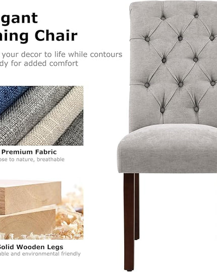 COLAMY Button Tufted Dining Chairs Set of 2, Parsons Upholstered Fabric Dining Room Chairs Kitchen Chairs with Wood Legs and Padded Seat, Light Grey - LeafyLoom