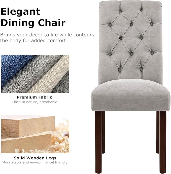 COLAMY Button Tufted Dining Chairs Set of 2, Parsons Upholstered Fabric Dining Room Chairs Kitchen Chairs with Wood Legs and Padded Seat, Light Grey - LeafyLoom