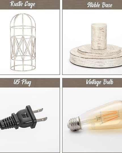 Small Table Lamp, Touch Control Table Lamp with Brushed White Oak Cage, Farmhouse Bedside Lamp 3-way Dimmable Nightstand Lamp Edison Lamp for Bedroom, Living Room, Hallway, Kitchen, LED Bulb Included - LeafyLoom